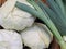 Stack of fresh green leek on a flea market counter. Fresh vegetables background