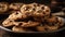 A stack of freshly baked chocolate chip cookies on a plate created with Generative AI