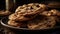 A stack of freshly baked chocolate chip cookies on a plate created with Generative AI