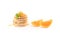 stack of freshly home made pancakes isolated over white background with two slices of orange, traditional americal