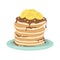 A stack of fried pancakes with bananas, chocolate sauce and nuts. Delicious breakfast. Cartoon vector illustration