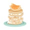 A stack of fried pancakes with whipped cream and orange slices. Delicious breakfast. Cartoon vector illustration