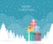 Stack of gift boxes on winter landscape background. Christmas concept.