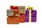 Stack of giftbox gift for Valentine`s Day red, with brown craft paper and red baht, lilac with gold ribbon