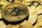 Stack of gold bitcoins with gold background and Business and finance concept.