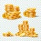 Stack of gold coins. Golden coin pile, money stacks and golds piles isolated vector set