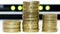 Stack of gold coins, like bitcoins, in front of network lights