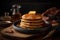 A stack of golden, fluffy pancakes, drizzled with maple syrup and topped with a pat of butter, served on a rustic, wooden plate