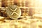 Stack of golden Ripple XRP coins in blurry closeup with lens flare as a symbol of prosperity. 3D rendering