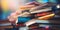 Stack of hardcover colorful and diffrent books on blurred background. World book day, International literacy day, concept of