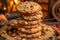 Stack of Homemade Almond Cookies on a Wooden Table with Rustic Kitchen Backdrop, Delicious Baked Treats for Snack Time