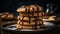 Stack of homemade Belgian chocolate pancakes with syrup generated by AI