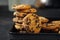 Stack homemade chocolate cookies baking tray close up