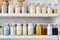 stack of homemade cleaning products on shelves in tidy and organized pantry