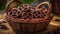 Stack of homemade dark chocolate cookies in wicker basket generated by AI