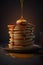 Stack of hot pancakes, butter and syrup. Generative AI