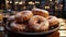 Stack of indulgent donuts on rustic wooden table generated by AI