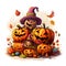 A stack of jack-o-lantern pumpkins, some wearing witch hats and falling leaves, a Halloween image