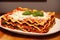 A stack of lasagna with a slice of lasagna on top on a wooden table. Generative AI