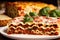 A stack of lasagna with a slice of lasagna on top on a wooden table. Generative AI