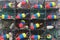 Stack of lobster traps with colorful buoys