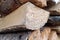 Stack of logs on sawmill, close up.