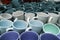 Stack of many colorful emty ceramic cups closeup