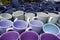 Stack of many colorful emty ceramic cups closeup