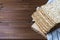 Stack of matzah or matza on a wooden  table