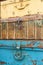 Stack of Metal rusty suitcases - vintage decoration for interior or garden. Background texture