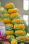 Stack of mini pumpkins on market stall