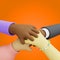 Stack of mixed race hands. Unity and teamwork concept. 3D rendered illustration in cartoon style.