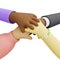 Stack of mixed race hands. Unity and teamwork concept. 3D rendered illustration in cartoon style.
