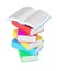 Stack of multicolored books with open book