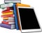 Stack of multicolored books and a tablet. Education concept, back to school. 3d