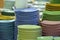 Stack of multicolored plates its was tile