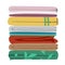Stack of old bedroom linen of different patterns and colors. Quilts, comforters, and duvet covers pile isolated on white
