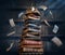 A stack of old books and flying book pages against the background of the shelves in the library. Ancient books historical