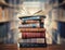 A stack of old books on table against background of bookshelf in library. Ancient books as a symbol of knowledge, history, memory