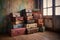 stack of old leather suitcases on a wooden floor