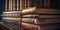 Stack of old ornate decorative books on a shelf. Reading is fun. Bookworm bookshelf. Volumes and tomes. Library of authors