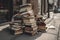 stack of old, worn books on a sidewalk, with a brick building and a tree in the background, ai generative