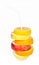 Stack of orange, lemon, pear and apple slices with straw juice c