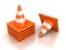 Stack of orange road traffic cones on white