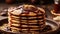 A stack of pancakes with chocolate icing. Maslenitsa and pancake week.