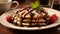 A stack of pancakes with chocolate icing. Maslenitsa and pancake week.