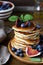 Stack pancakes with figs and honey