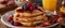 A stack of pancakes generously topped with fresh berries and drizzled with syrup, creating a delicious and indulgent