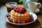 A stack of pancakes topped with berries and syrup