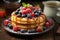 A stack of pancakes topped with berries and syrup